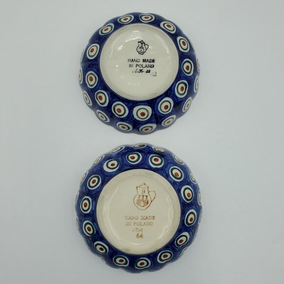 Polish Pottery Peacock Eyes Small Fluted Bowls Brown Eyed Peacock Trinket Dishes - Picture 4 of 8